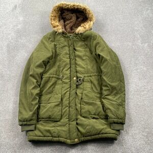 iLOVESIA Olive Green Faux Fur Hooded Parka Jacket Womens US 6 Adjustable Waist‎